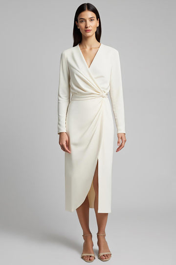 V-Neck Sheath Ivory Long Sleeve Work Dress With Slit